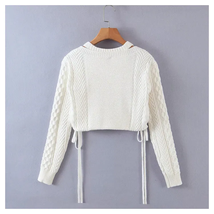 Collarbone hollow long sleeve knitted sweater  7234