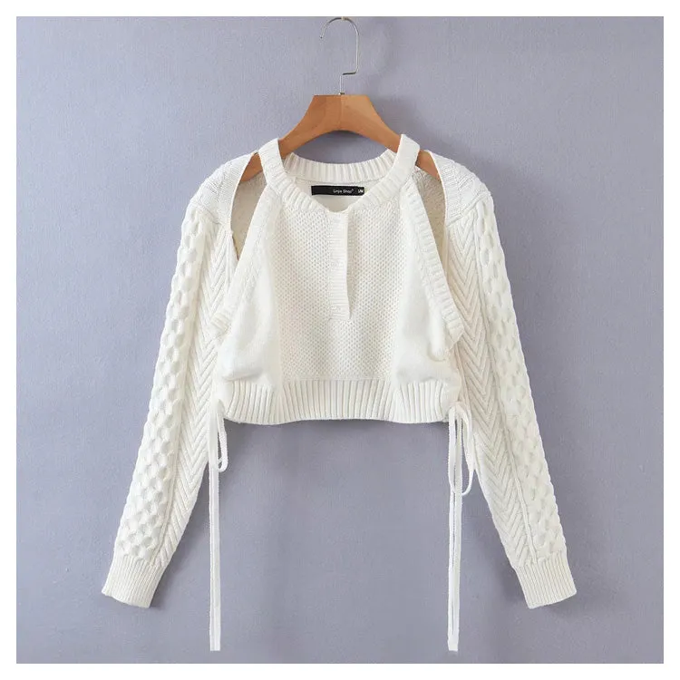 Collarbone hollow long sleeve knitted sweater  7234