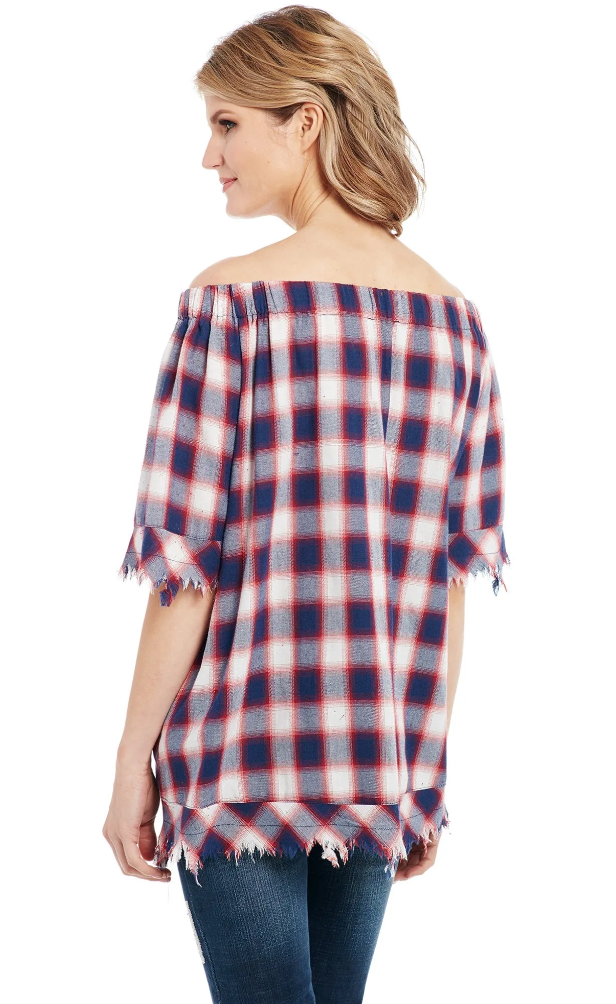 Cowgirl Up Womens Red/Blue 100% Cotton Raw Edge Fringe Plaid Tunic S/S