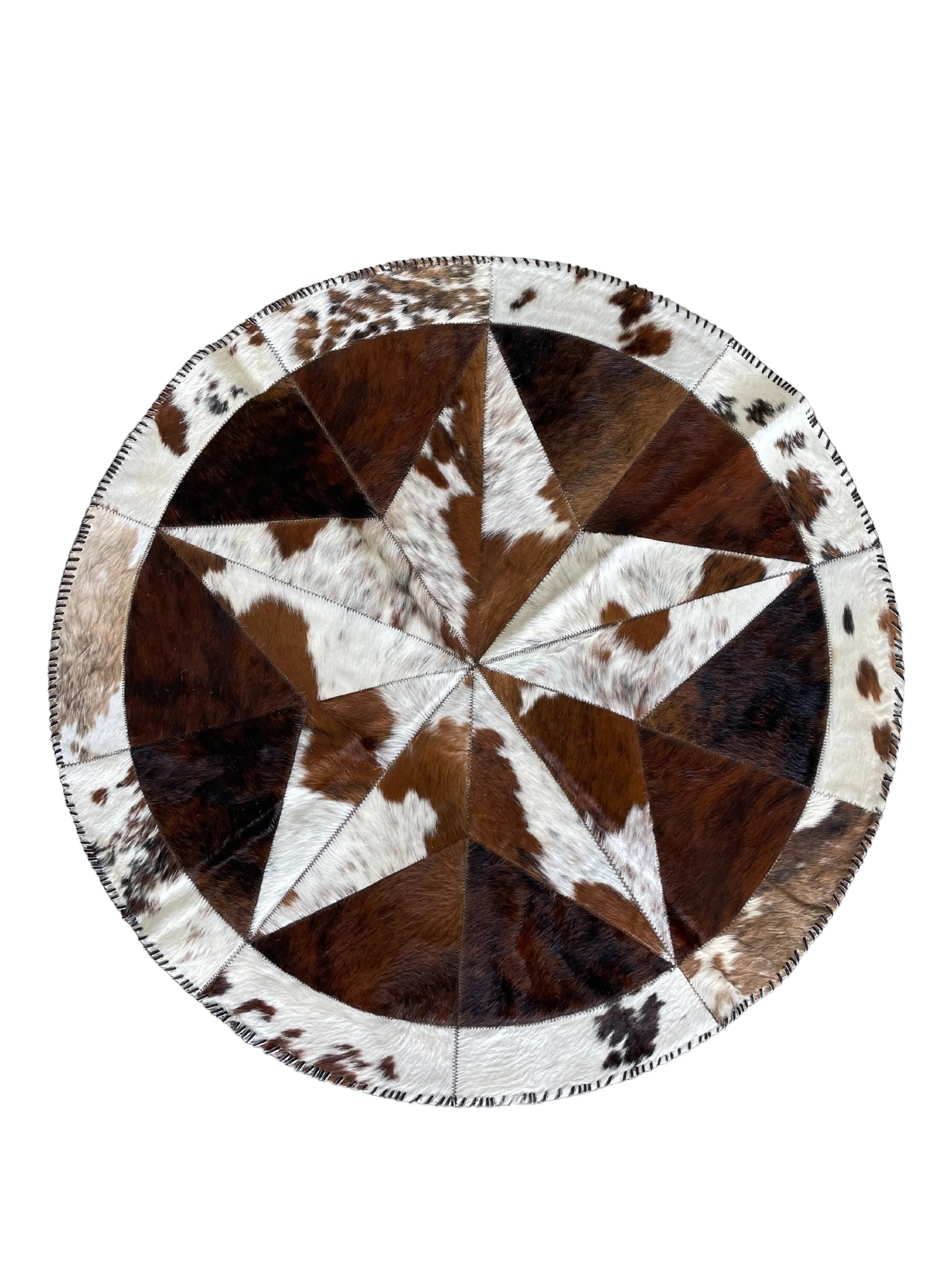 Cowhide Tricolor Round Area Rug - Star Patchwork Rug Brown & White