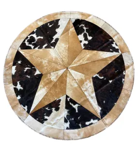 Cowhide Tricolor Round Area Rug - Star Patchwork Rug Light Brown