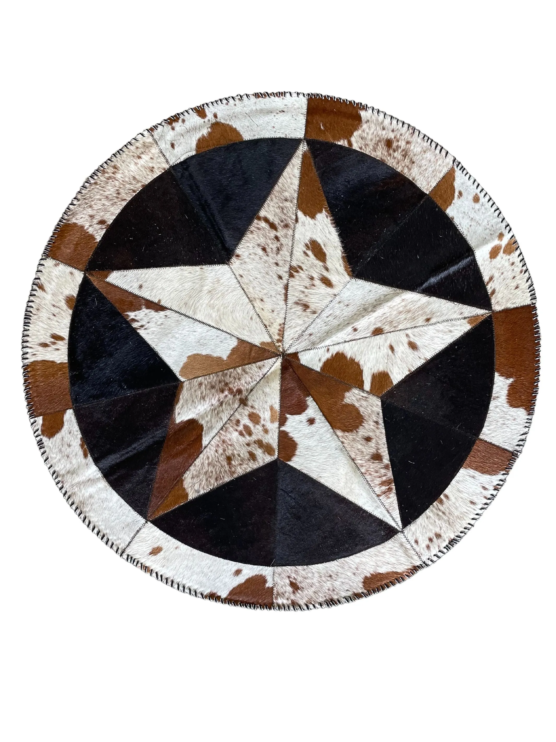 Cowhide Tricolor Round Area Rug - Star Patchwork Rug White & Black