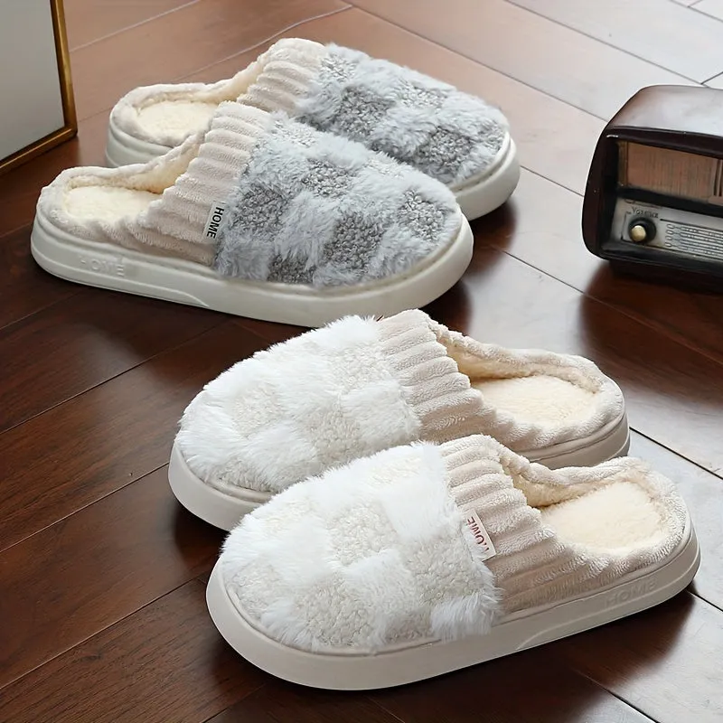 Cozy Plush-Lined Slippers for Men & Women - Anti-Slip EVA Sole, Warm Indoor/Outdoor Shoes with Checkered Design, Perfect for Fall/Winter