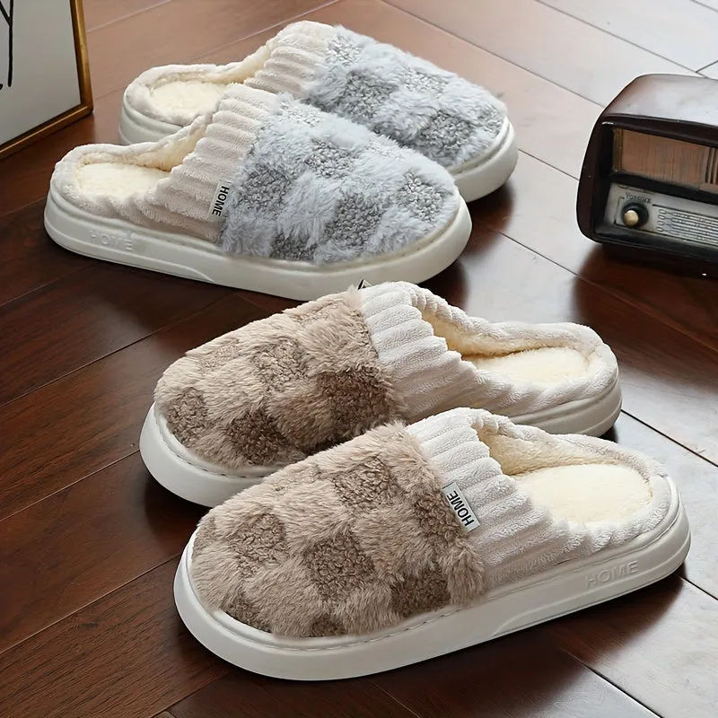 Cozy Plush-Lined Slippers for Men & Women - Anti-Slip EVA Sole, Warm Indoor/Outdoor Shoes with Checkered Design, Perfect for Fall/Winter