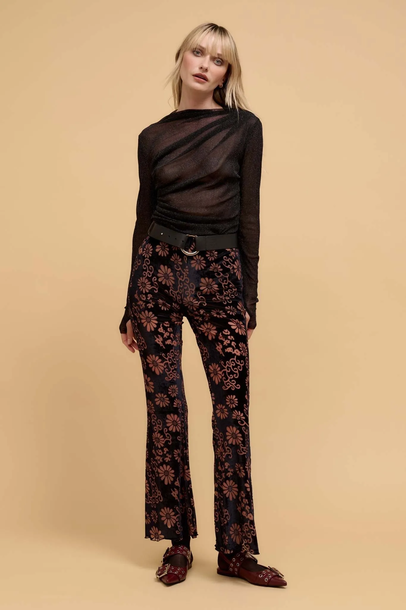 Daisy Delight Floral Burnout Velvet Flare Pants