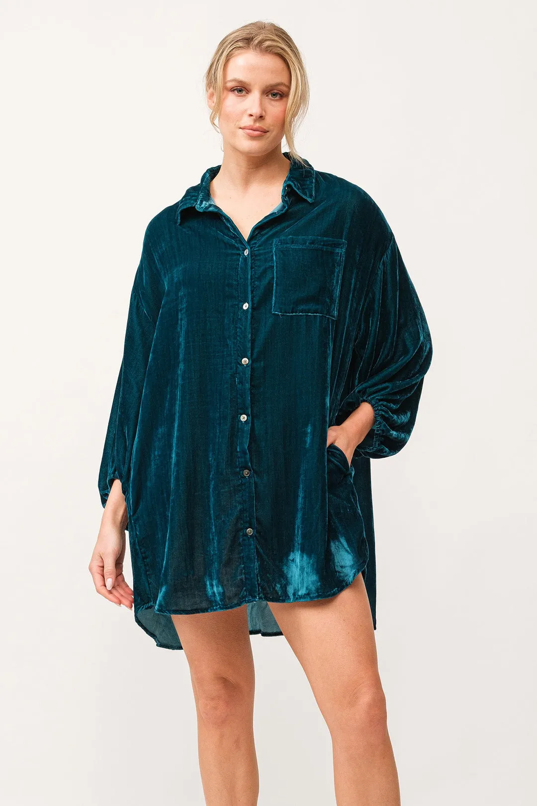 DEAR JOHN LEIGH VELVET BUTTON DOWN TUNIC