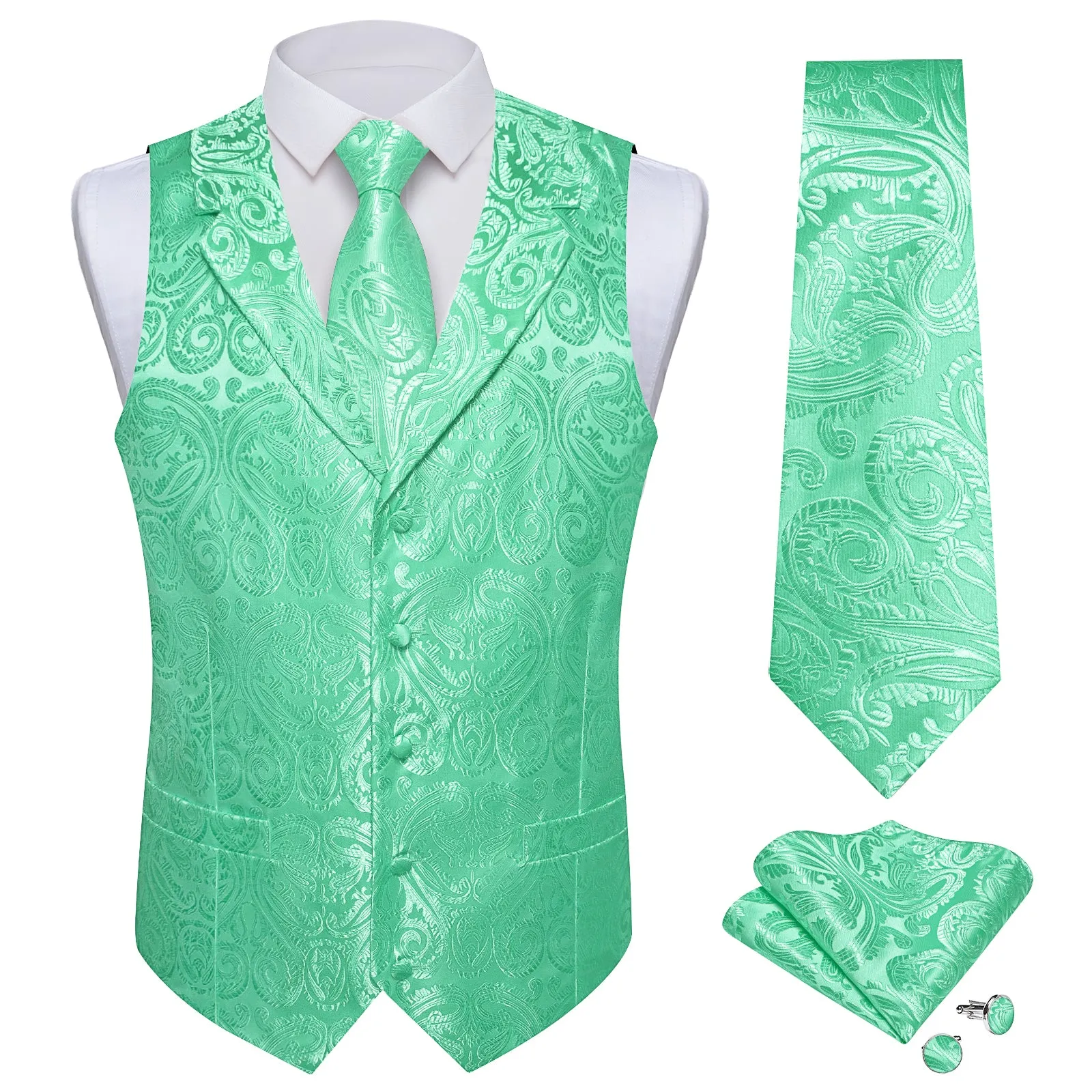 DiBanGu Mint Green Paisley Notched Collar Silk Mens Vest Tie Set