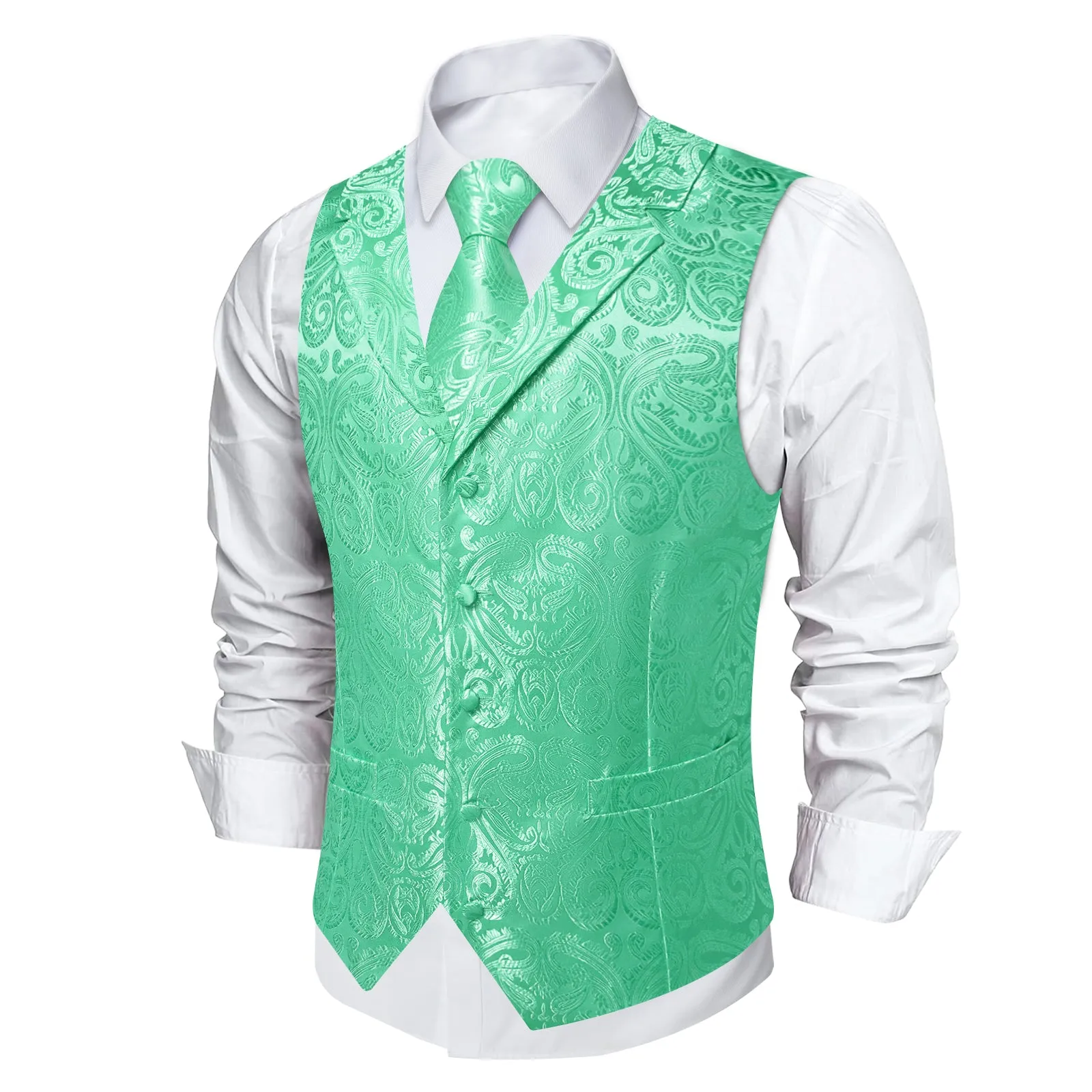 DiBanGu Mint Green Paisley Notched Collar Silk Mens Vest Tie Set