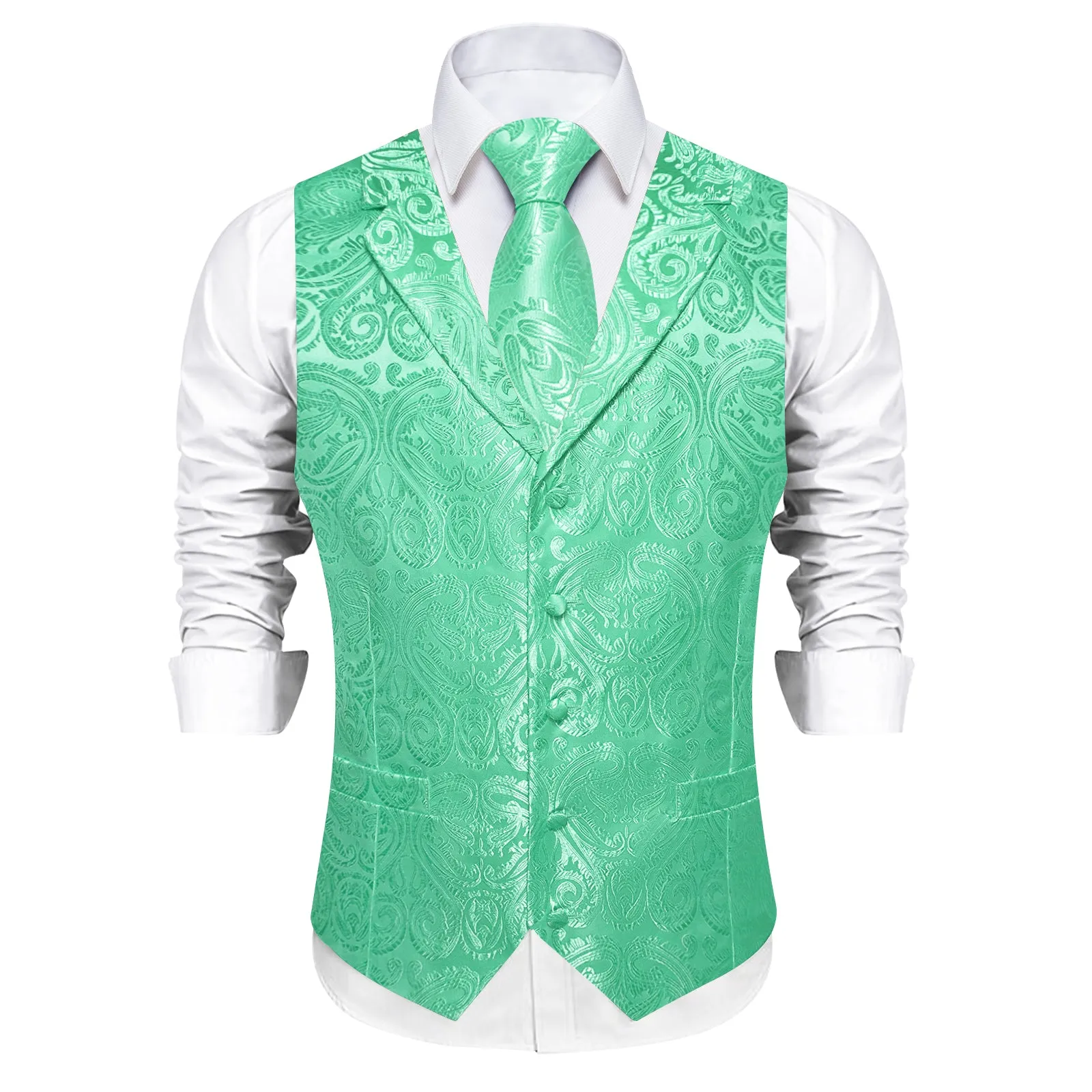 DiBanGu Mint Green Paisley Notched Collar Silk Mens Vest Tie Set