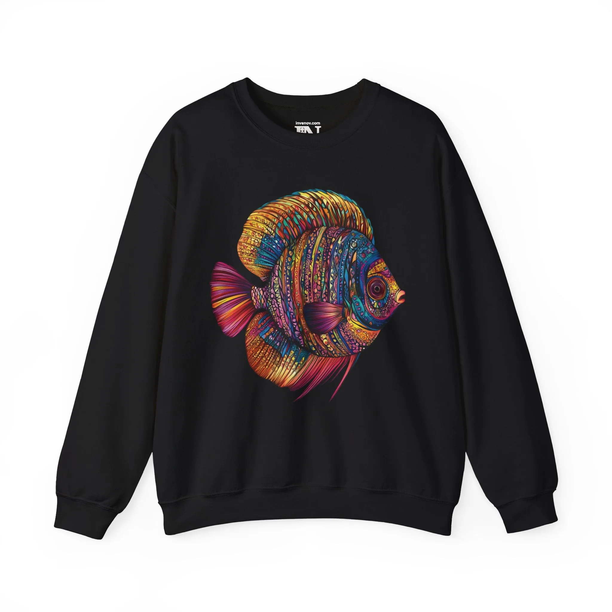 Discus Fish Crewneck Sweatshirt, Colorful Ornamental Pullover, Aquatic Animal Jumper, Whimsical Underwater Sweatshirt, Tribal Geometric