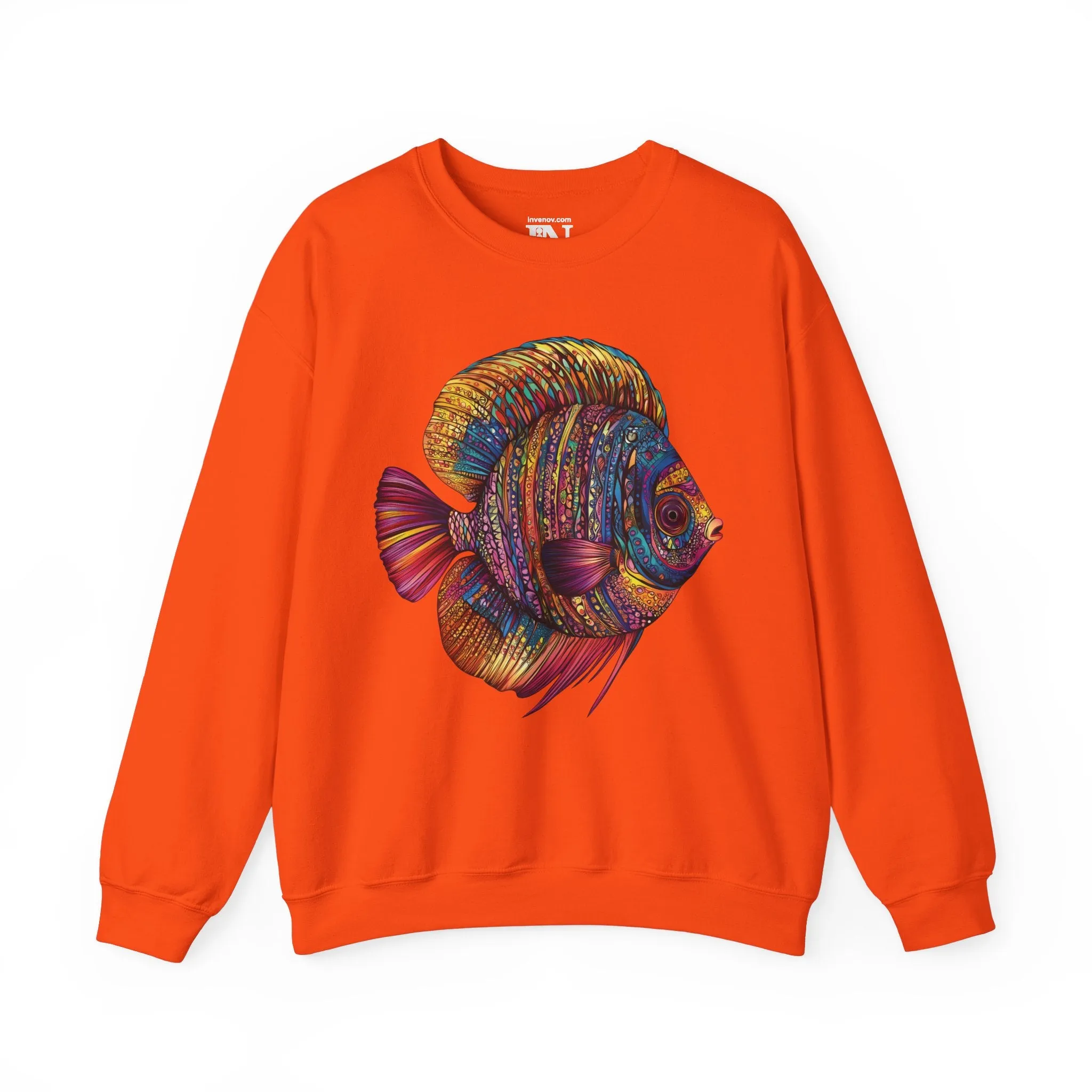 Discus Fish Crewneck Sweatshirt, Colorful Ornamental Pullover, Aquatic Animal Jumper, Whimsical Underwater Sweatshirt, Tribal Geometric