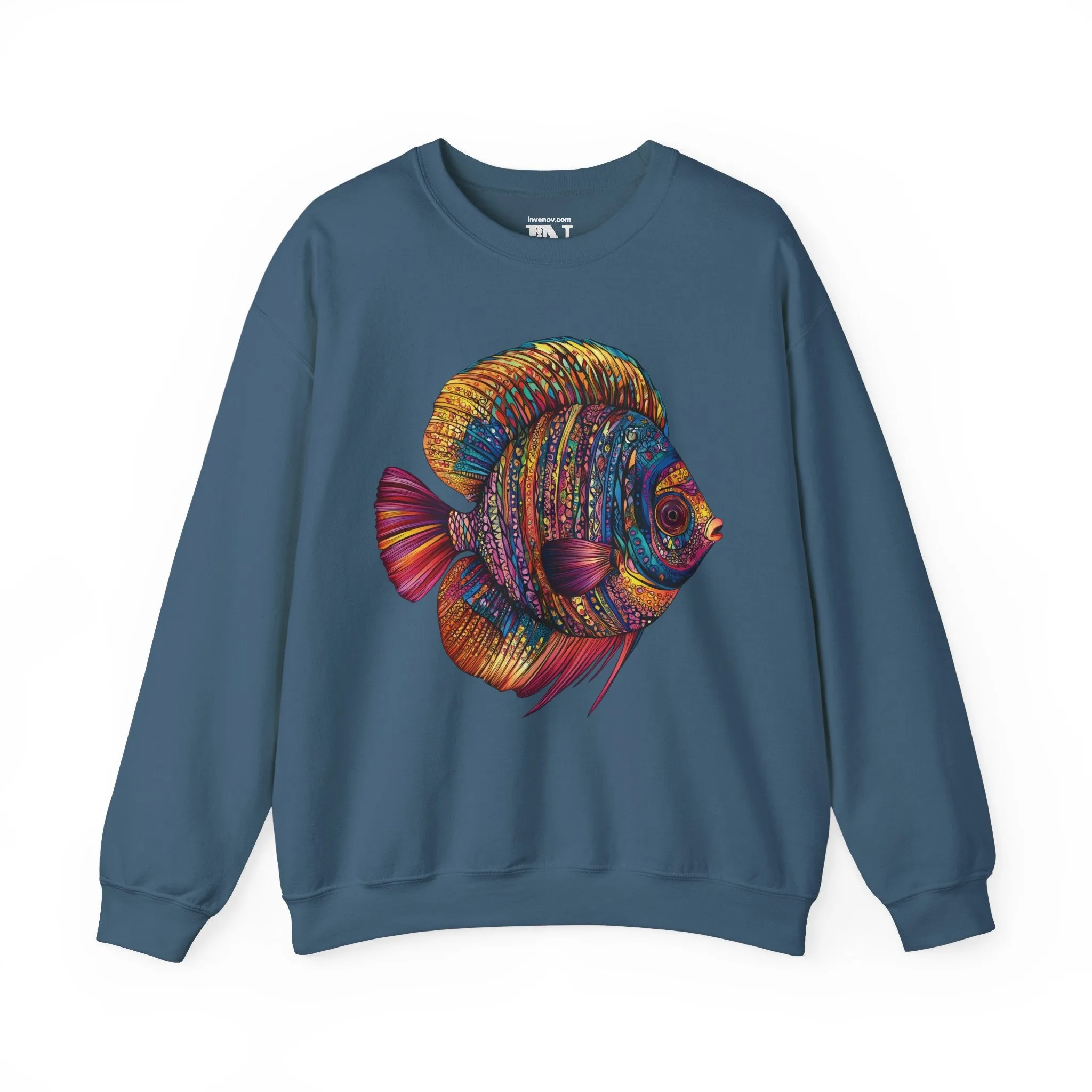 Discus Fish Crewneck Sweatshirt, Colorful Ornamental Pullover, Aquatic Animal Jumper, Whimsical Underwater Sweatshirt, Tribal Geometric