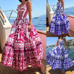 DUNNMALL  In Stock  Spring and Summer New Cross-Border  Women's Fashion Elegant Big Hem Mid-Length Printing Slip Dress