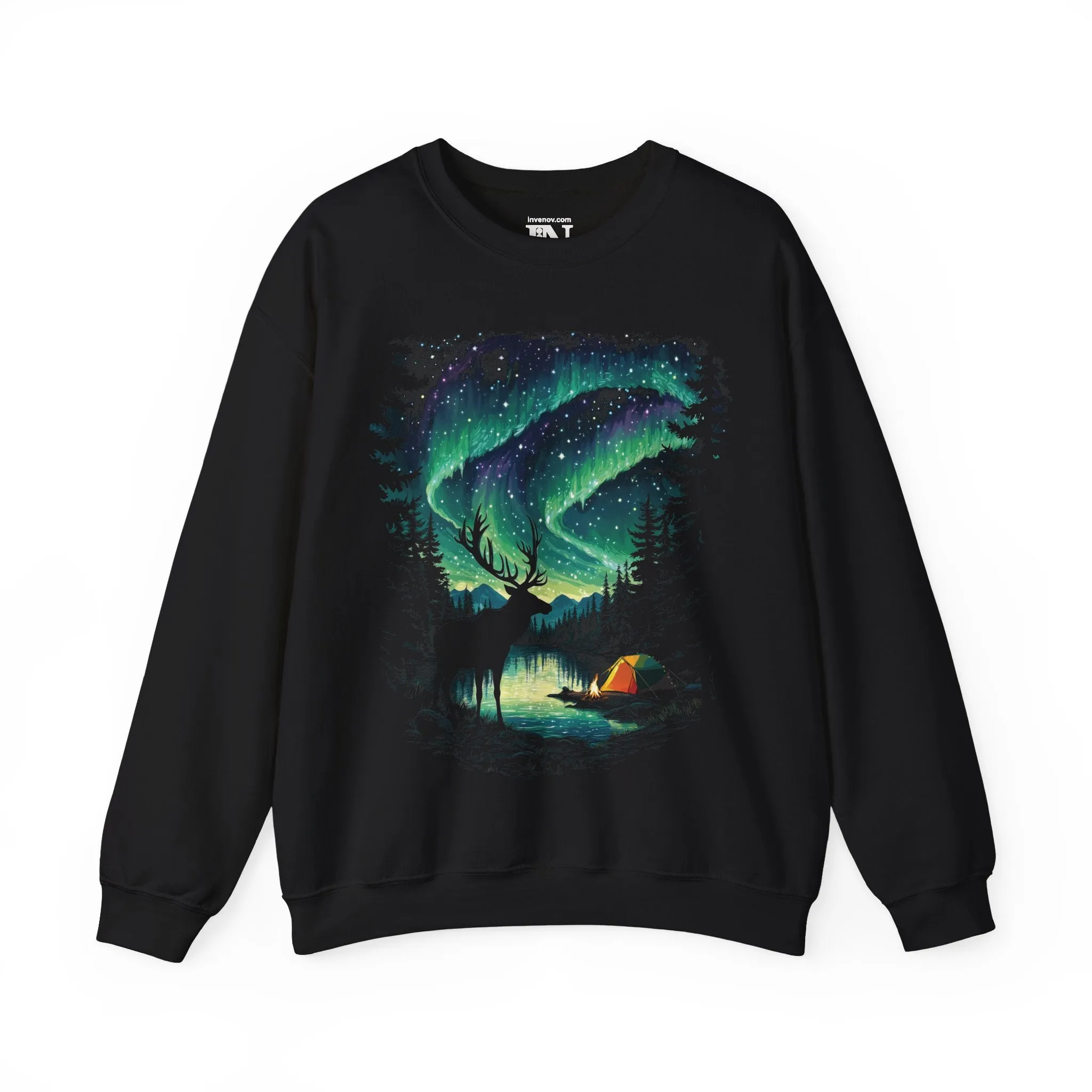 Elk Northern Lights Crewneck Sweatshirt, Majestic Forest Night Scene, Christmas Lights Lake Apparel, Nature Lover Gift, Wilderness Wildlife