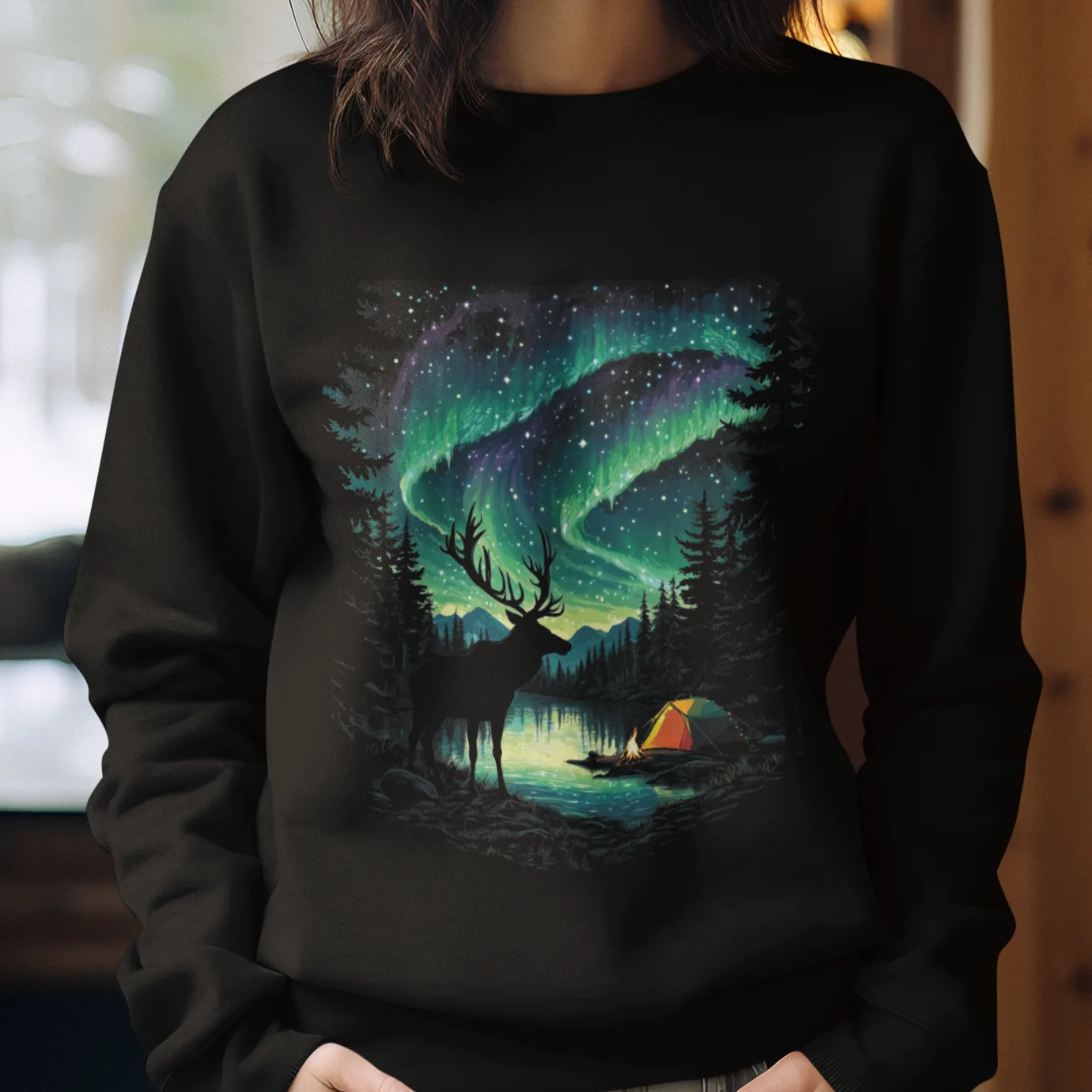 Elk Northern Lights Crewneck Sweatshirt, Majestic Forest Night Scene, Christmas Lights Lake Apparel, Nature Lover Gift, Wilderness Wildlife