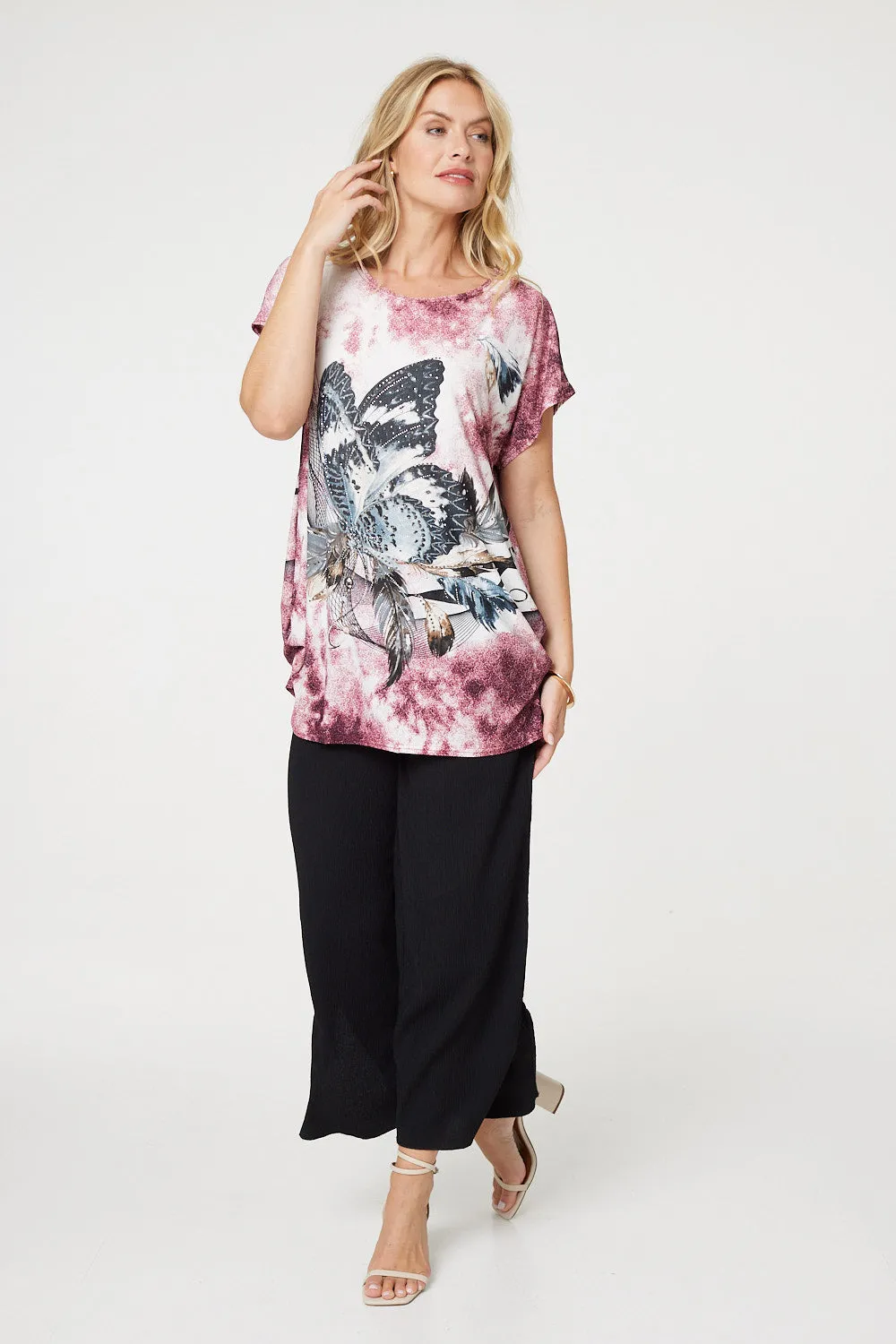 Embellished Butterfly Print Tunic Top