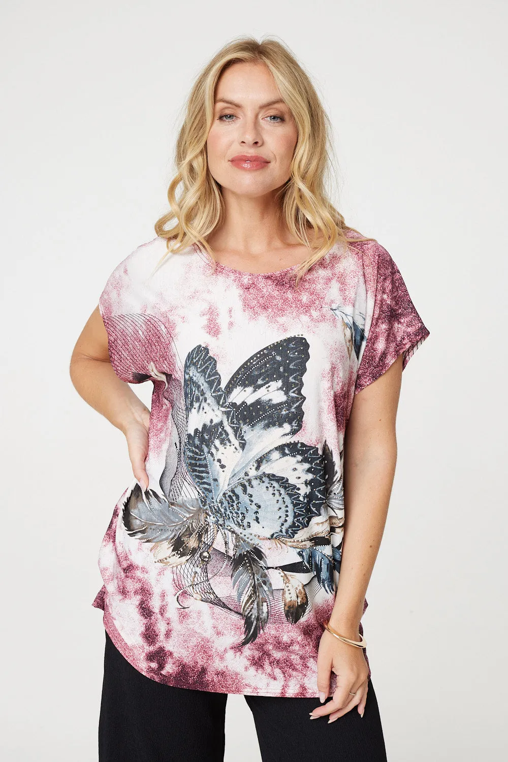 Embellished Butterfly Print Tunic Top