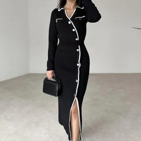 Fashionkova 2000s fashion Autumn Fashion Contrast Color Polo Collar Sweater Long Sleeve Dress