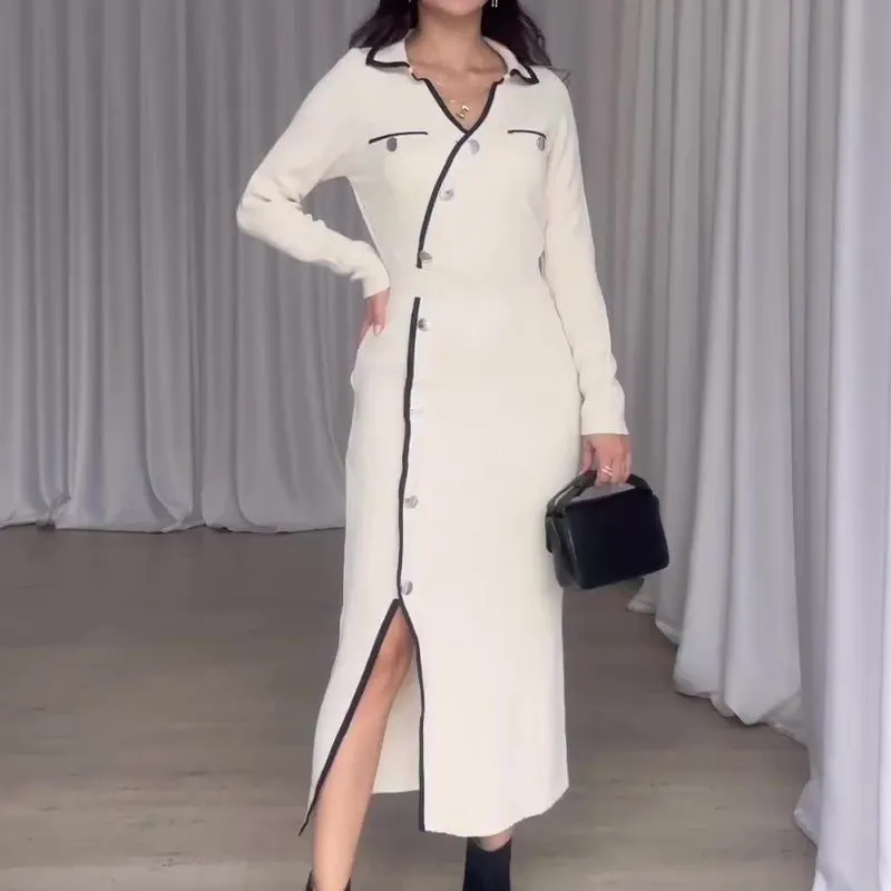 Fashionkova 2000s fashion Autumn Fashion Contrast Color Polo Collar Sweater Long Sleeve Dress