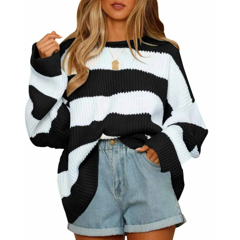 Fashionkova college outfits Women's Elegant round Neck Long-Sleeved Sweater Autumn and Winter New Striped Loose Casual Sweater Top