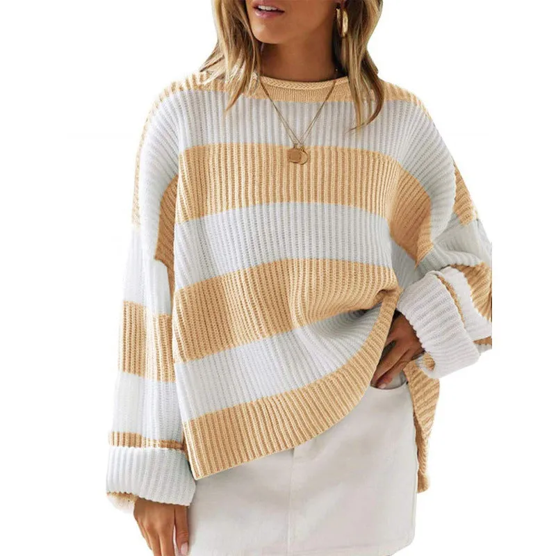 Fashionkova college outfits Women's Elegant round Neck Long-Sleeved Sweater Autumn and Winter New Striped Loose Casual Sweater Top