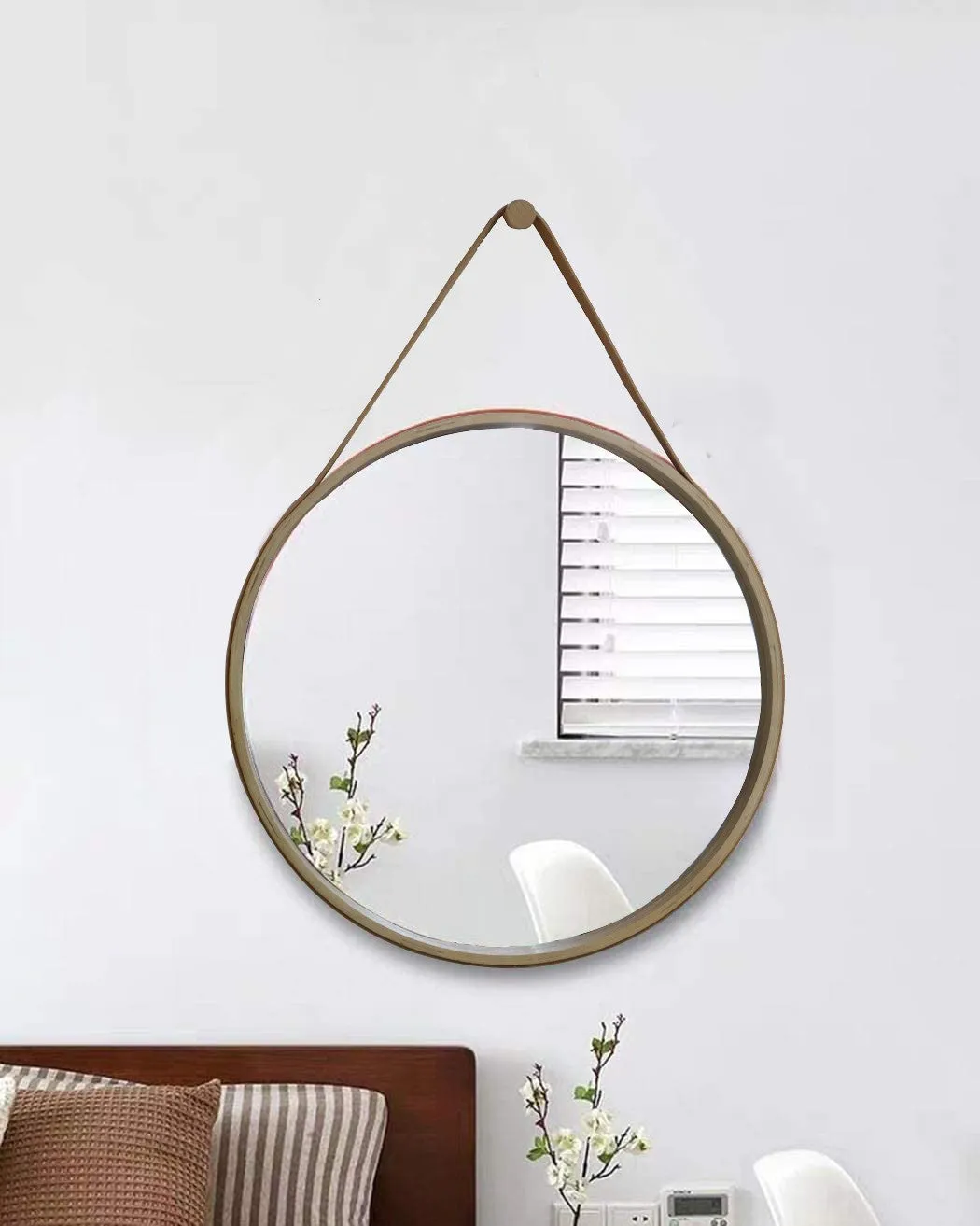 Faux Leather Strap Round Hanging Mirror, Natural