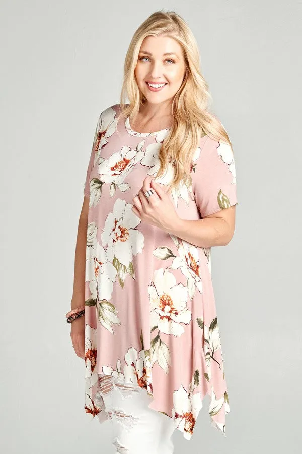 Floral Sharkbite Short Sleeve Tunic, Mauve