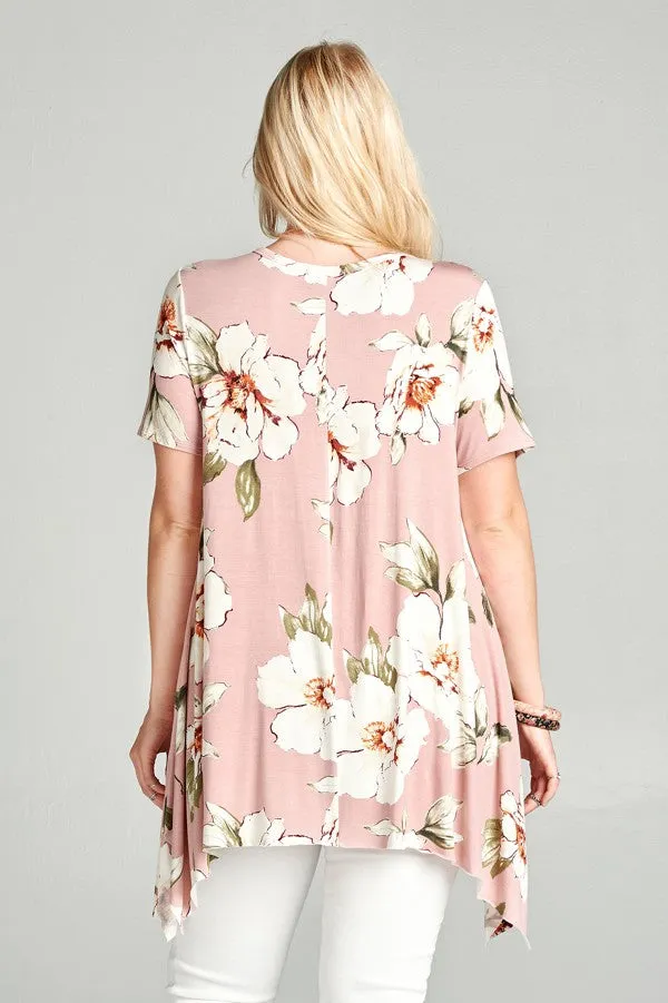 Floral Sharkbite Short Sleeve Tunic, Mauve