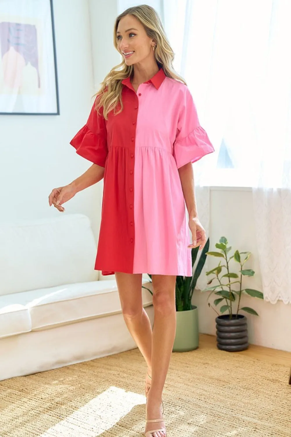 Full Size Color Blocked Button Down Babydoll Dress