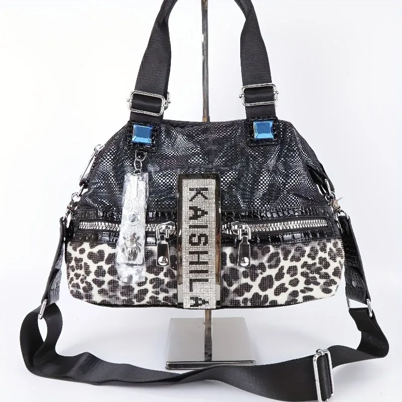 Glamour Rhinestone Tote - Spacious Leopard Print Crossbody Satchel with Zipper, Adjustable Strap & Comfort Grip Handle - Perfect for Everyday Fashion