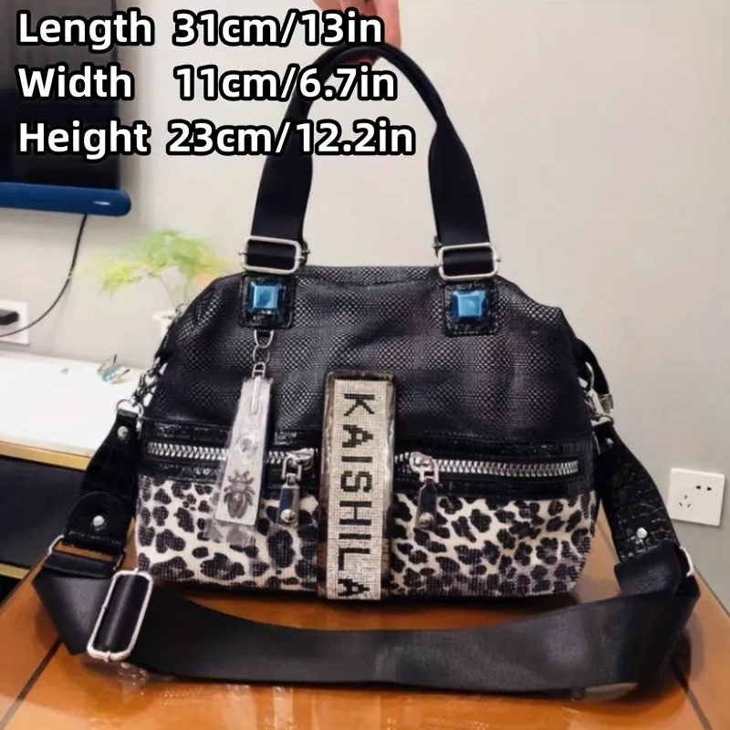 Glamour Rhinestone Tote - Spacious Leopard Print Crossbody Satchel with Zipper, Adjustable Strap & Comfort Grip Handle - Perfect for Everyday Fashion