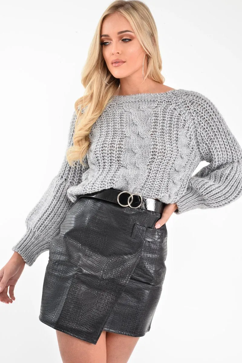 Grey Chunky Knit Balloon Sleeve Jumper - Rielynn