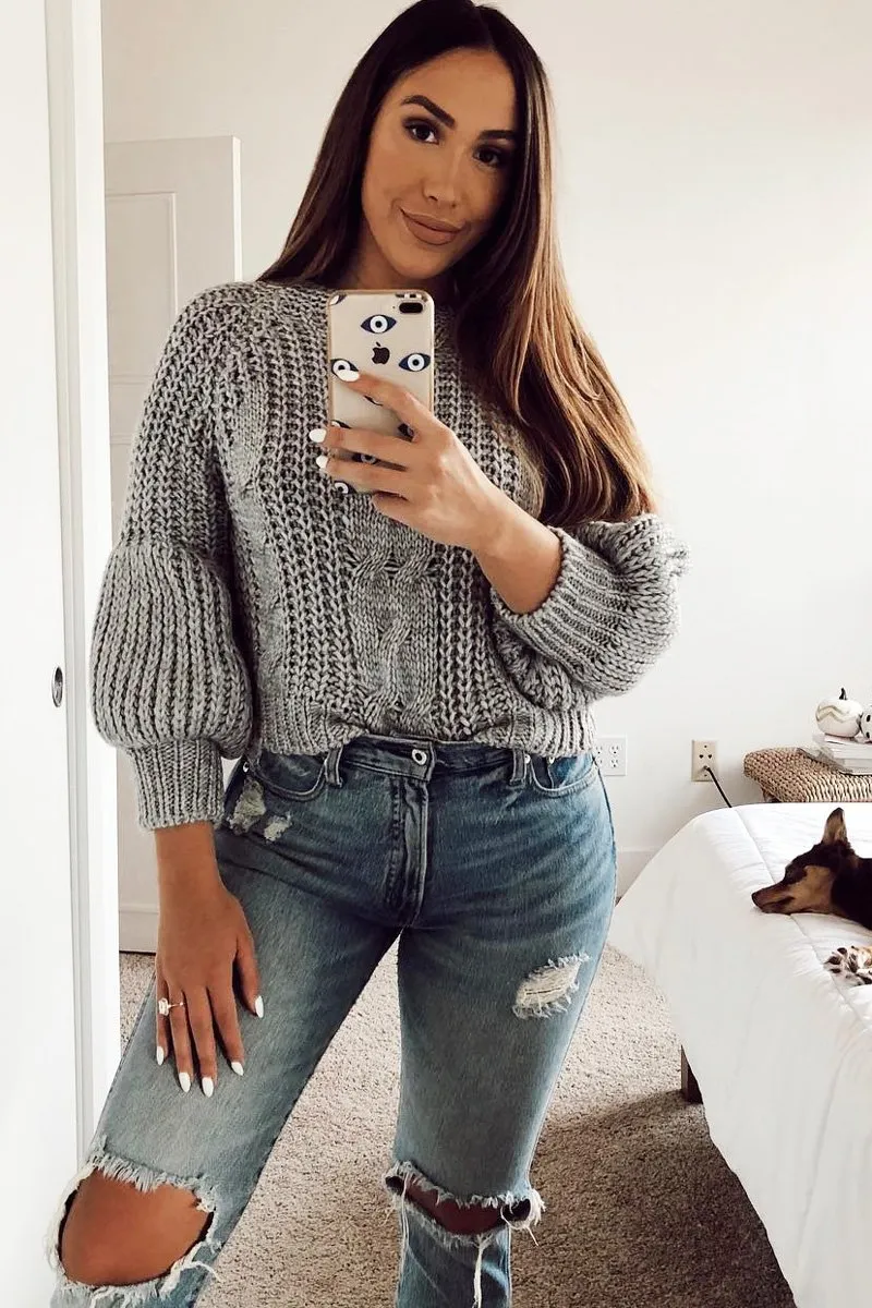 Grey Chunky Knit Balloon Sleeve Jumper - Rielynn