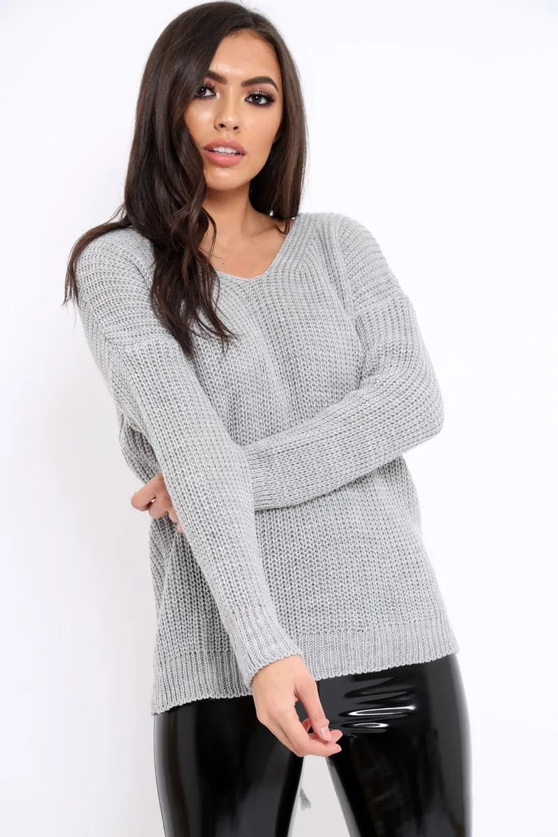 Grey Chunky Knit Lace Up Back Jumper - Perrie