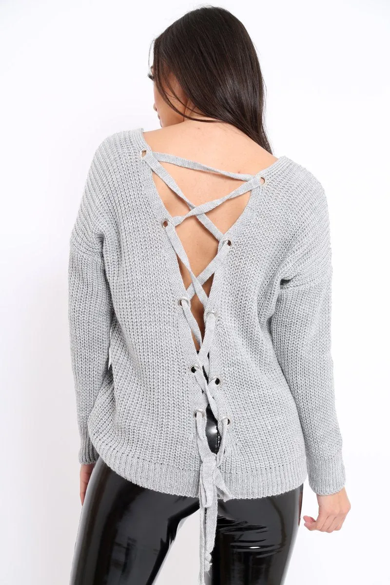 Grey Chunky Knit Lace Up Back Jumper - Perrie