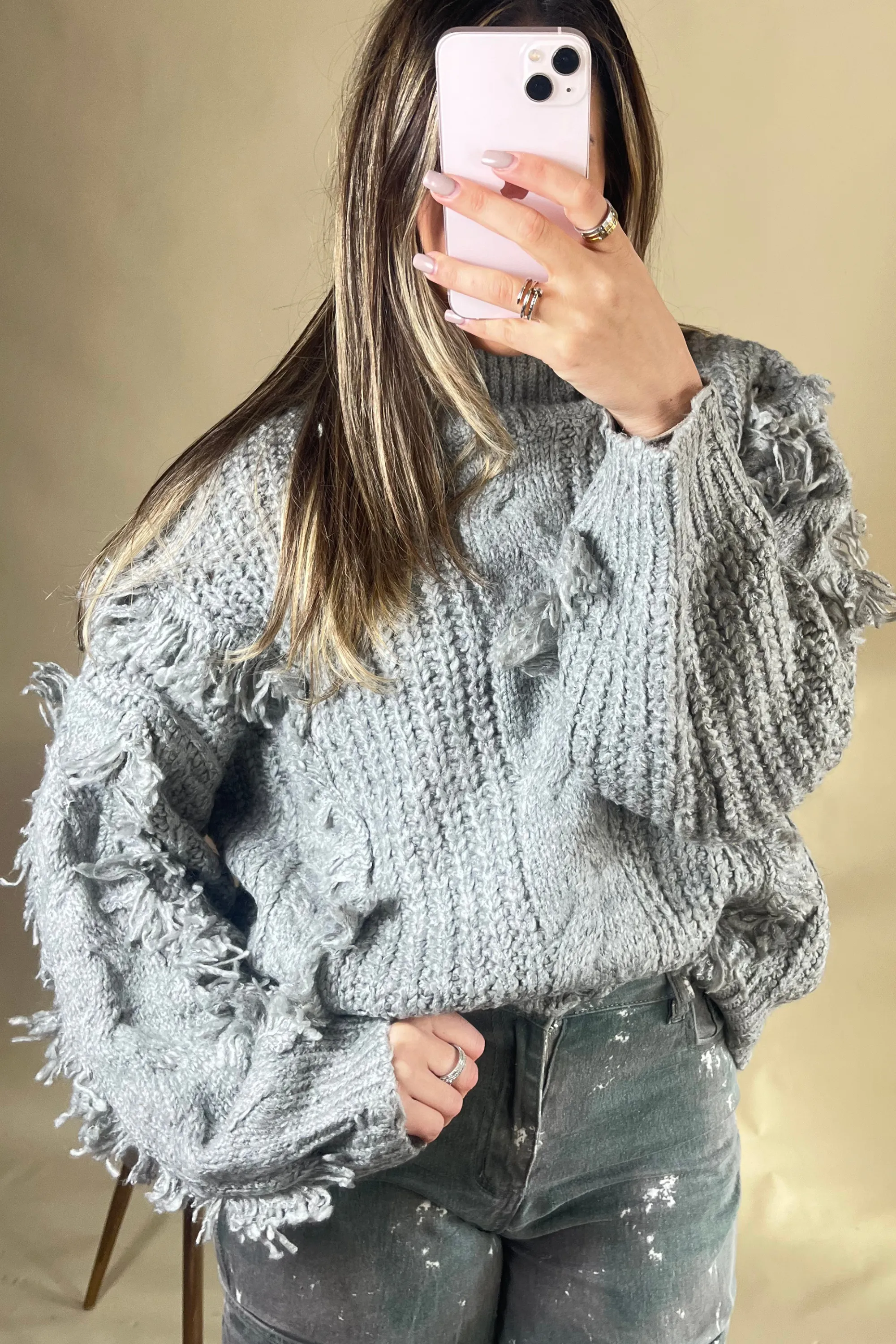 Grey distressed tassel jumper