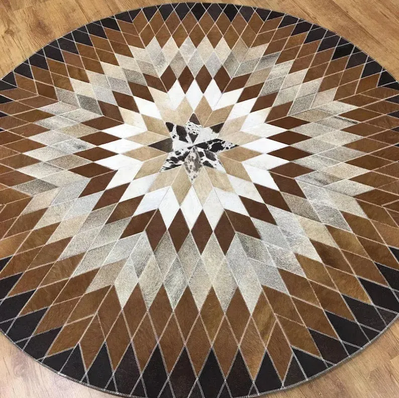 Handmade Symmetrical Cowhide Area Rug, 100% Natural Circular Scandinavian Rug