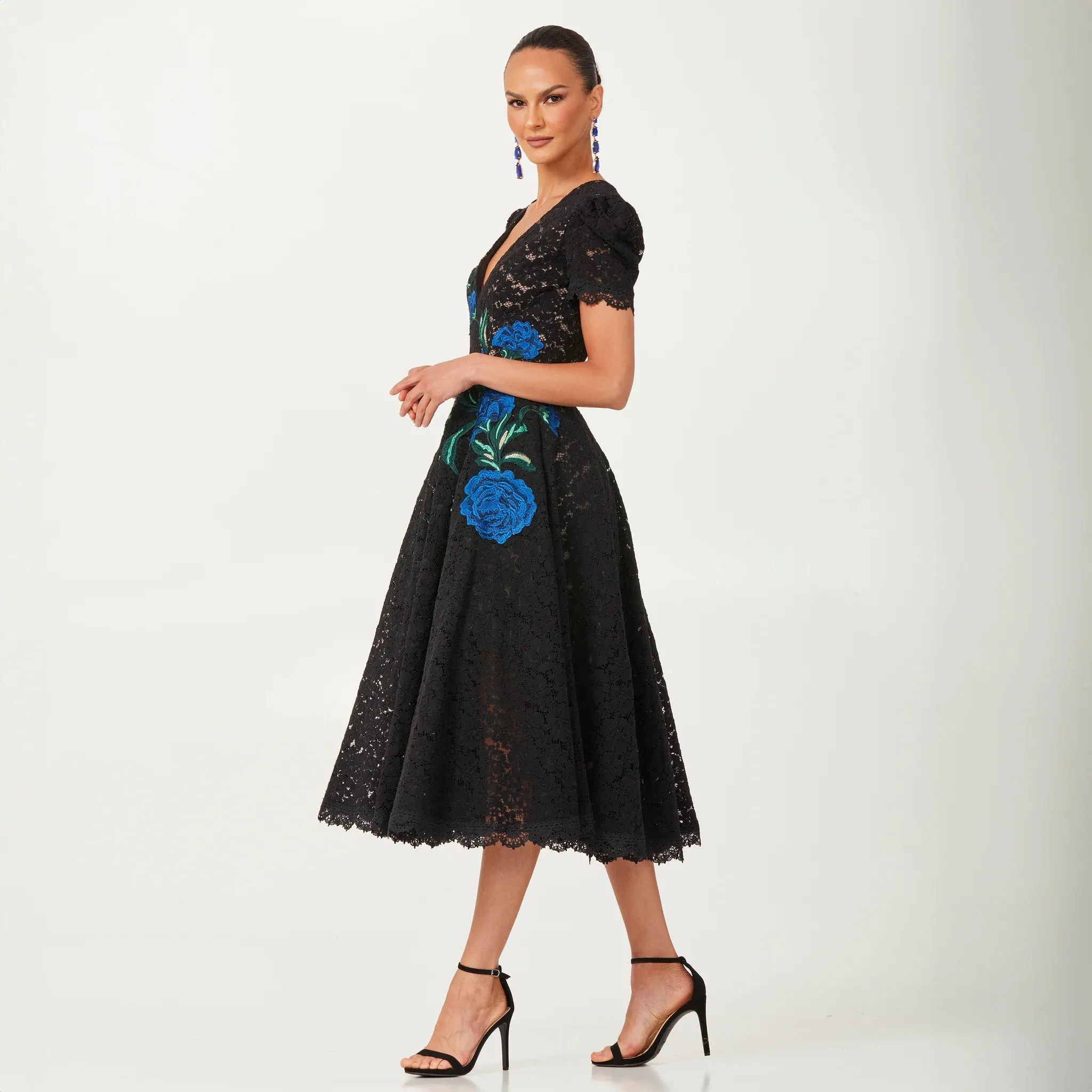 HELSI - Amy - DR6262 - Black Lace Midi Dress with Floral Embroidery