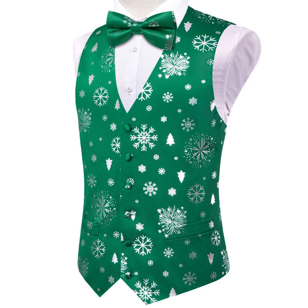 Hi-Tie Green Silver Christmas Elements Vest Necktie Bowtie Set