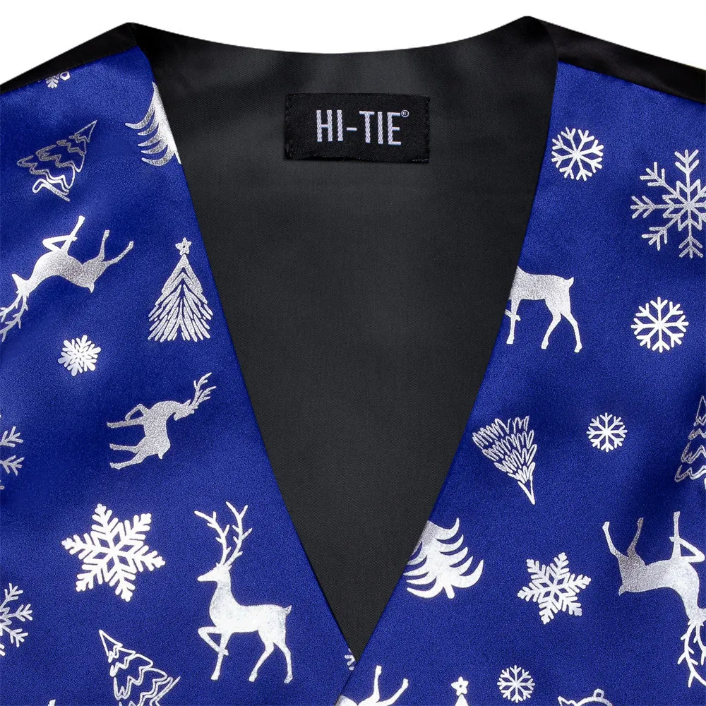 Hi-Tie Mens Waistcoat Blue Silver Christmas Tree Elements Vest Necktie Set