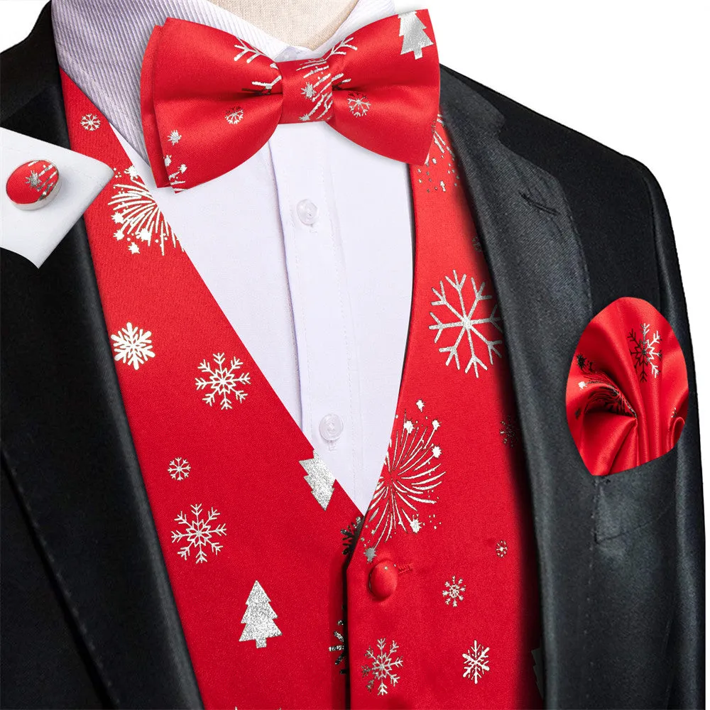 Hi-Tie Red Silver Christmas Elements Vest Necktie Bowtie Set