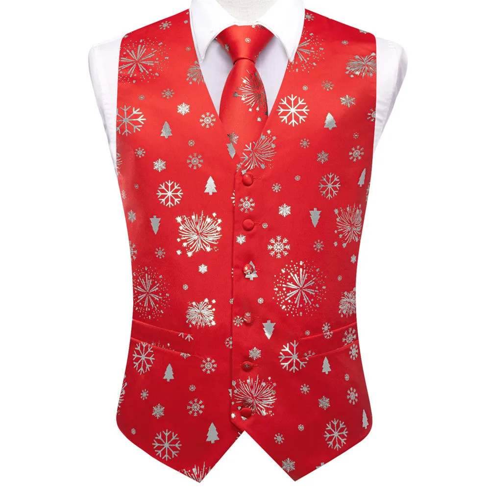 Hi-Tie Red Silver Christmas Elements Vest Necktie Bowtie Set