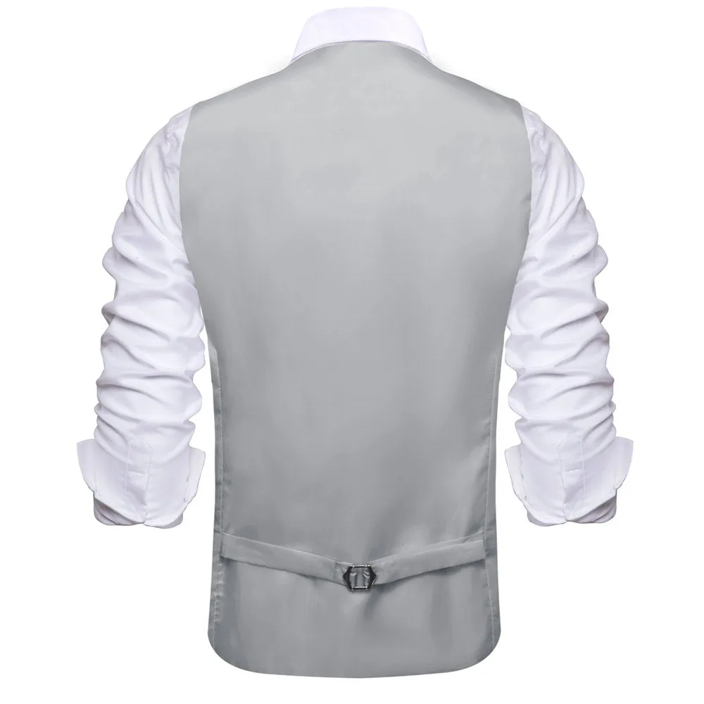 Hi-Tie Silver Solid U-Neck Double-Breasted Vest Tie Set