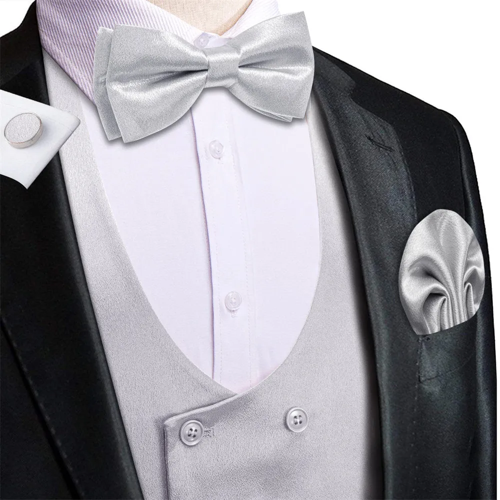 Hi-Tie Silver Solid U-Neck Double-Breasted Vest Tie Set