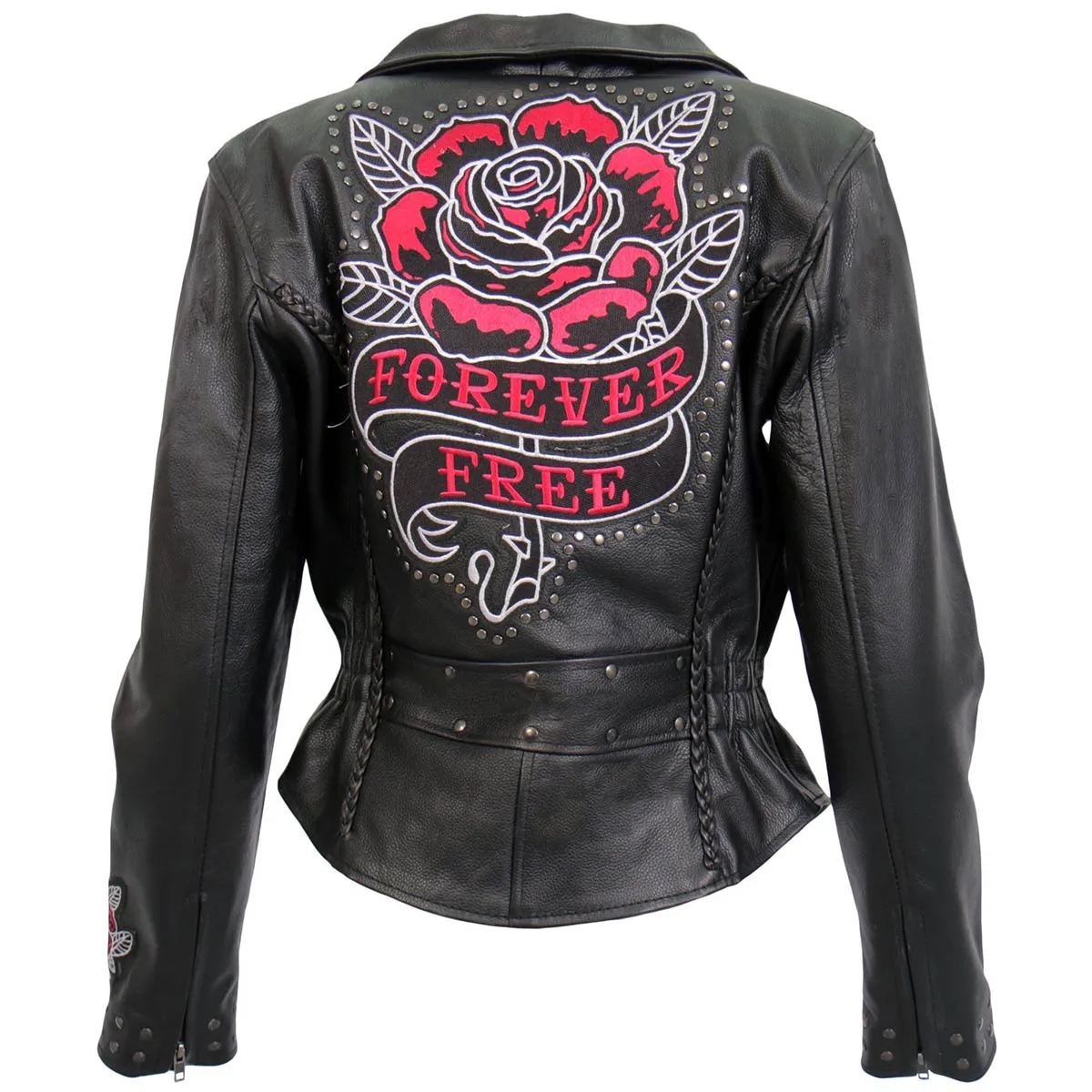 Hot Leathers JKL2001 Women's Black 'Embroidered Bling Rose Design' Braided Motorcycle Leather Jacket