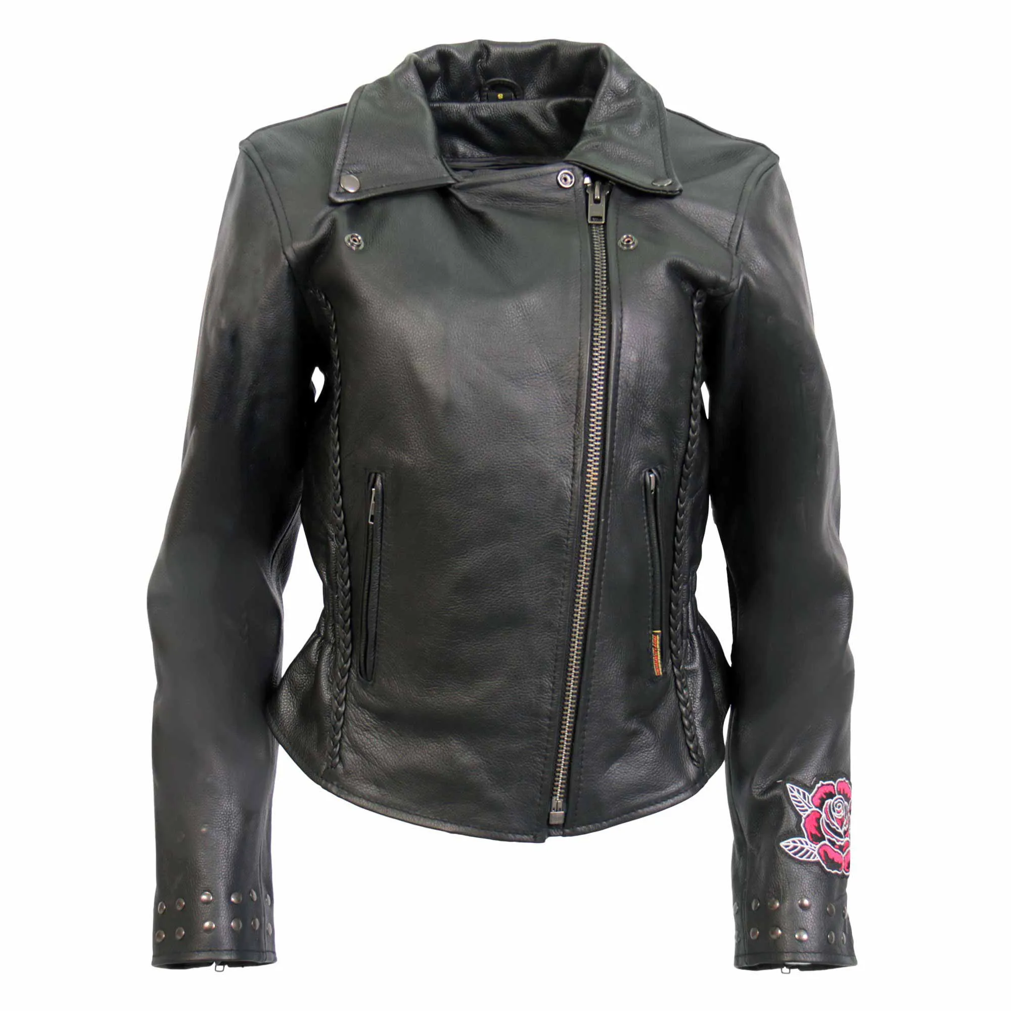 Hot Leathers JKL2001 Women's Black 'Embroidered Bling Rose Design' Braided Motorcycle Leather Jacket