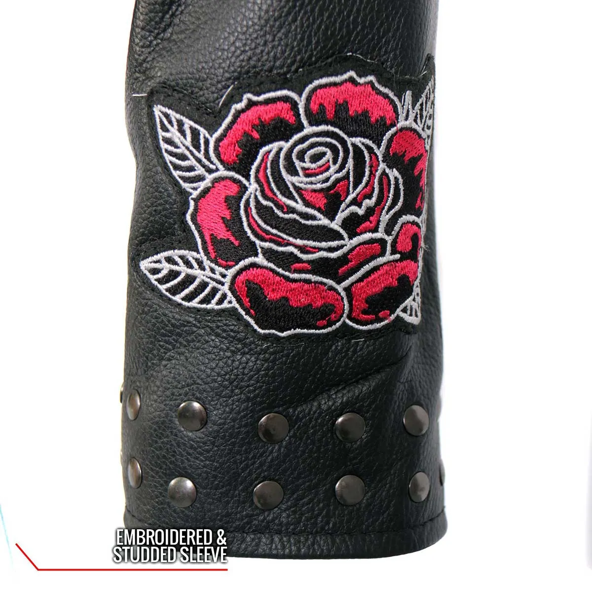 Hot Leathers JKL2001 Women's Black 'Embroidered Bling Rose Design' Braided Motorcycle Leather Jacket