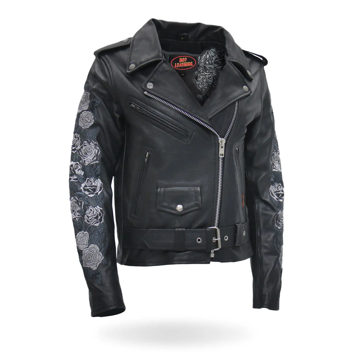 Hot Leathers JKL2002 Women's Black 'Rose Embroidered' Motorcycle Style Leather Jacket