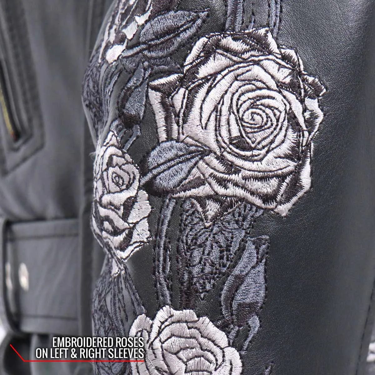 Hot Leathers JKL2002 Women's Black 'Rose Embroidered' Motorcycle Style Leather Jacket