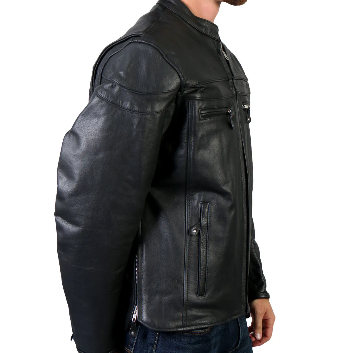 Hot Leathers JKM1011 Men's Black Leather Vented Motorcycle Racer Jacket with Double Piping